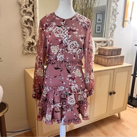 BARDOT Hazel Floral Long Sleeve Ruffle Cut Out Mini Dress Size 8 - Picture 3 of 12